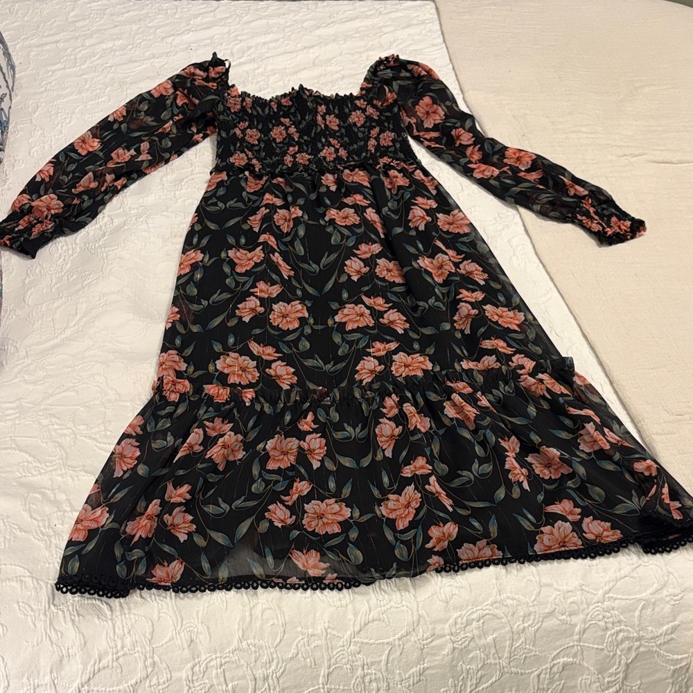 Lost + Wander Black and Pink Floral Long Sleeve Dress